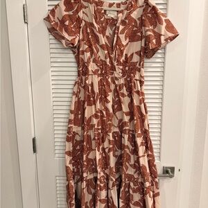 Anthropologie Cream and Rust Botanical Tiered Maxi Dress